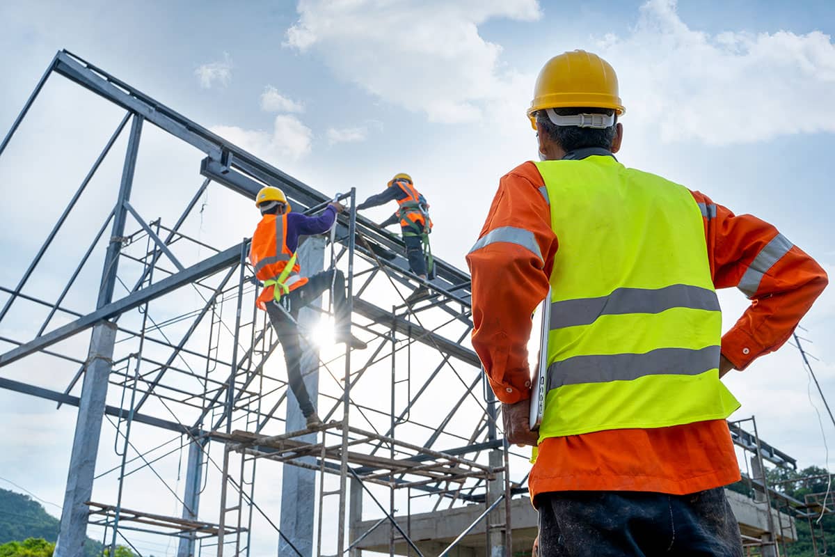 Commercial construction site with structural steel