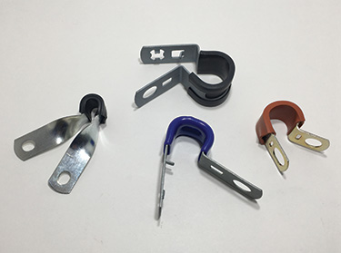 Detail view of formed metal clips and clamps